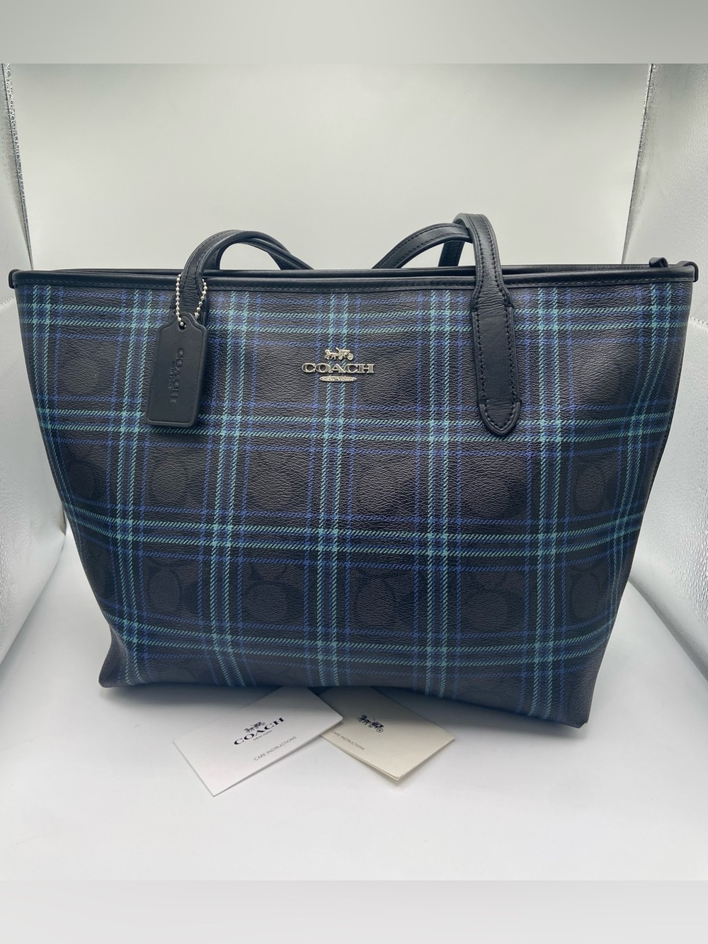 Coach F80032 Blue Teal Plaid Coated Canvas Zip Top Tote Black Leather Trim